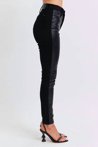 Judy Blue High Waist Faux Leather & Denim Skinny Jeans in black - women's pants - detail view