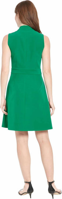 London Times - Waist Sash Brooch Button Flared Skirt Dress