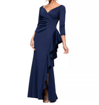 Xscape V-neck Ruffled Side-slit Scuba Gown in navy - women's dress - detail view