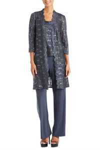 R&M Richards - Women's Metallic Lace Tank Top And Pant Set With Sheer Lace Jacket