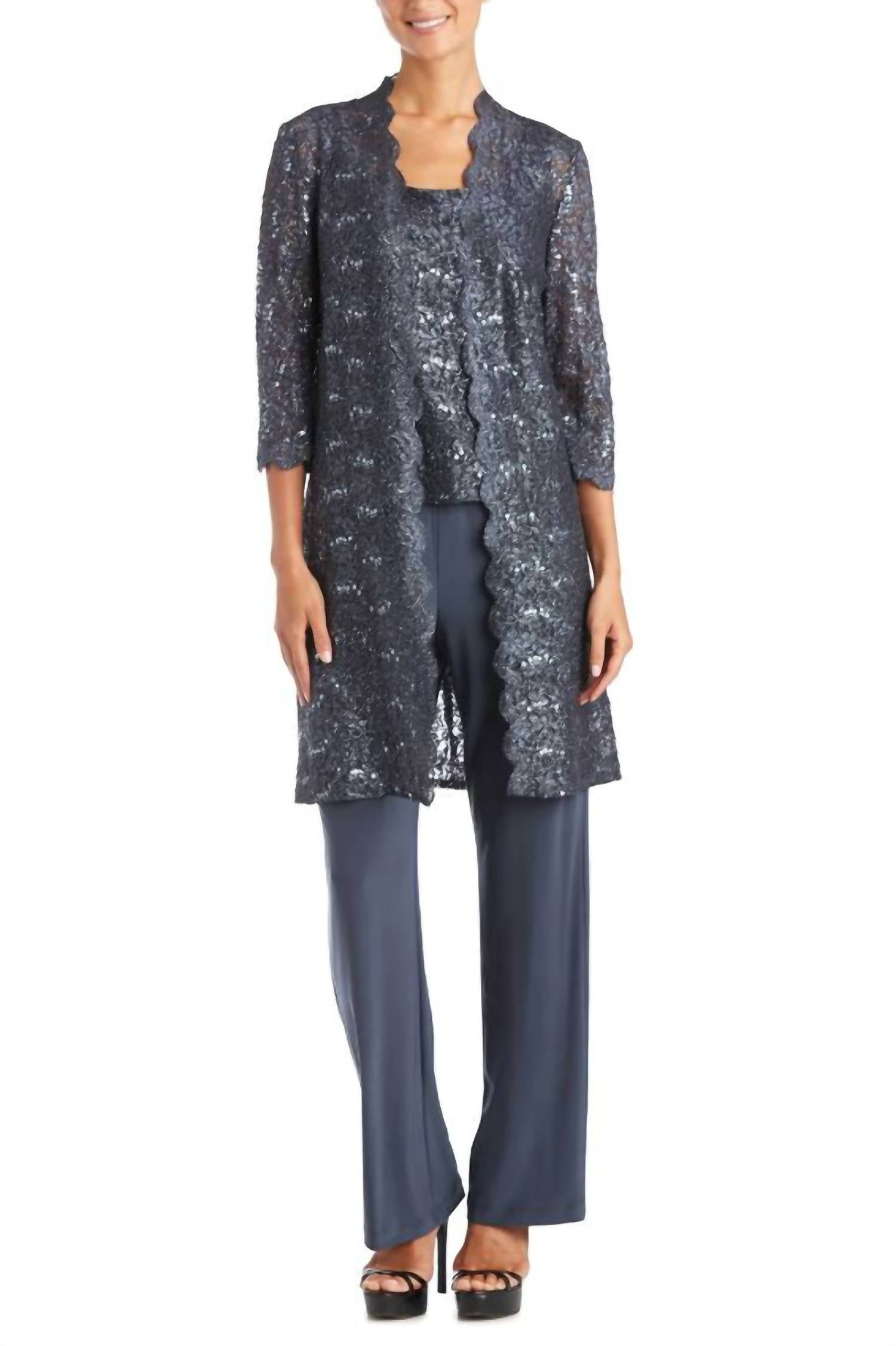 R&M Richards - Women's Metallic Lace Tank Top And Pant Set With Sheer Lace Jacket
