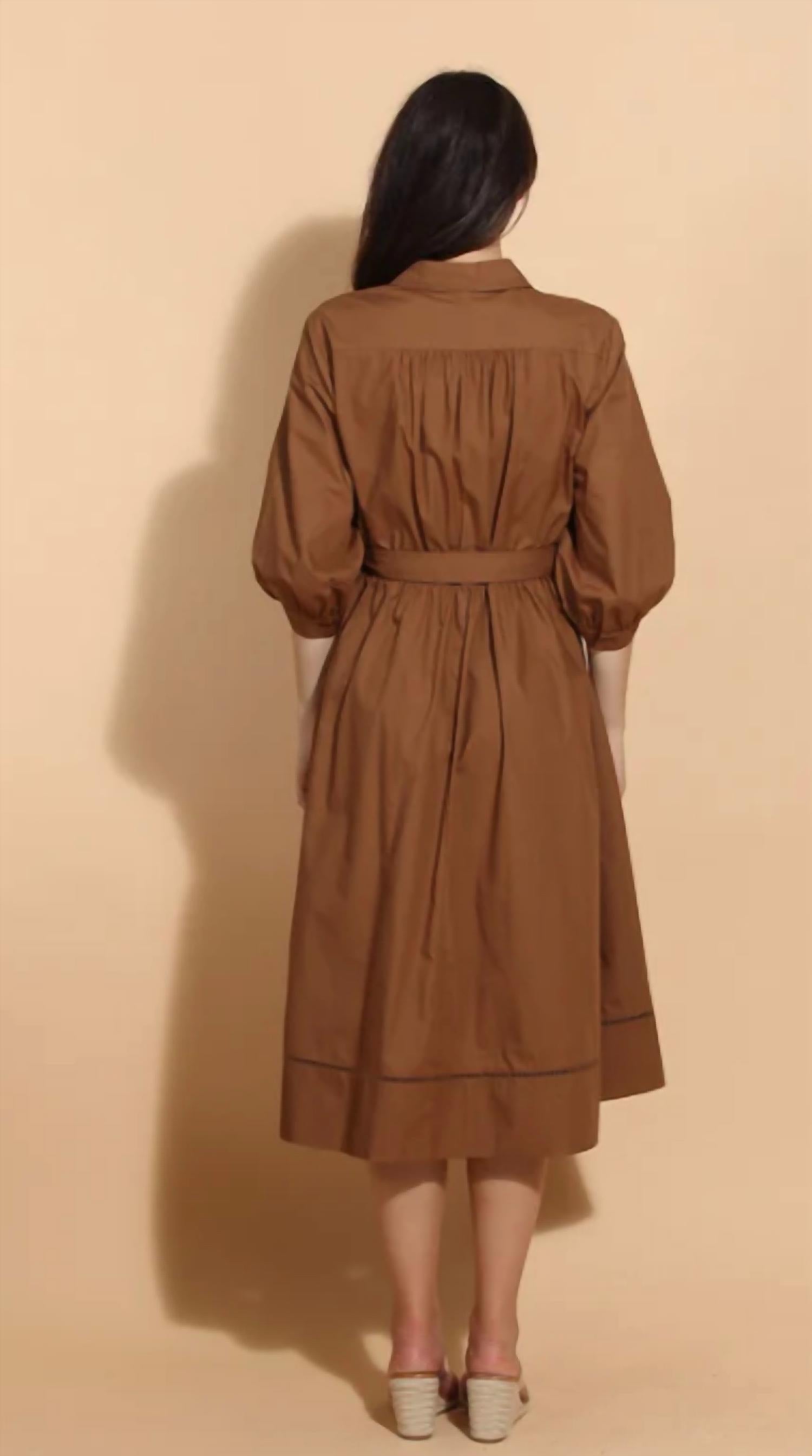 Jessie Liu - Cotton Shirt Dress with Rouching Sleeves