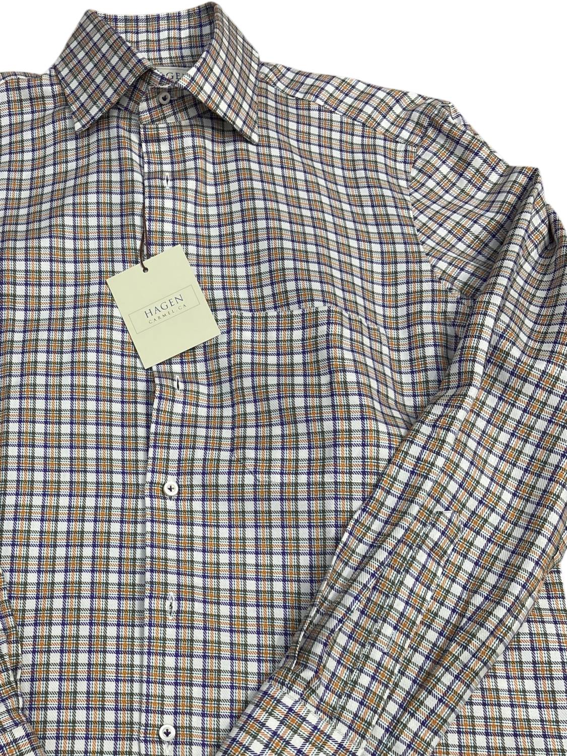 Hagen Men's Button Down Shirt in white plaid - men's shirt - detail view