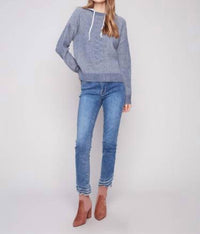 CHARLIE B Hoodie With Front Cable Detail Sweater in heather denim - women's top - view 5