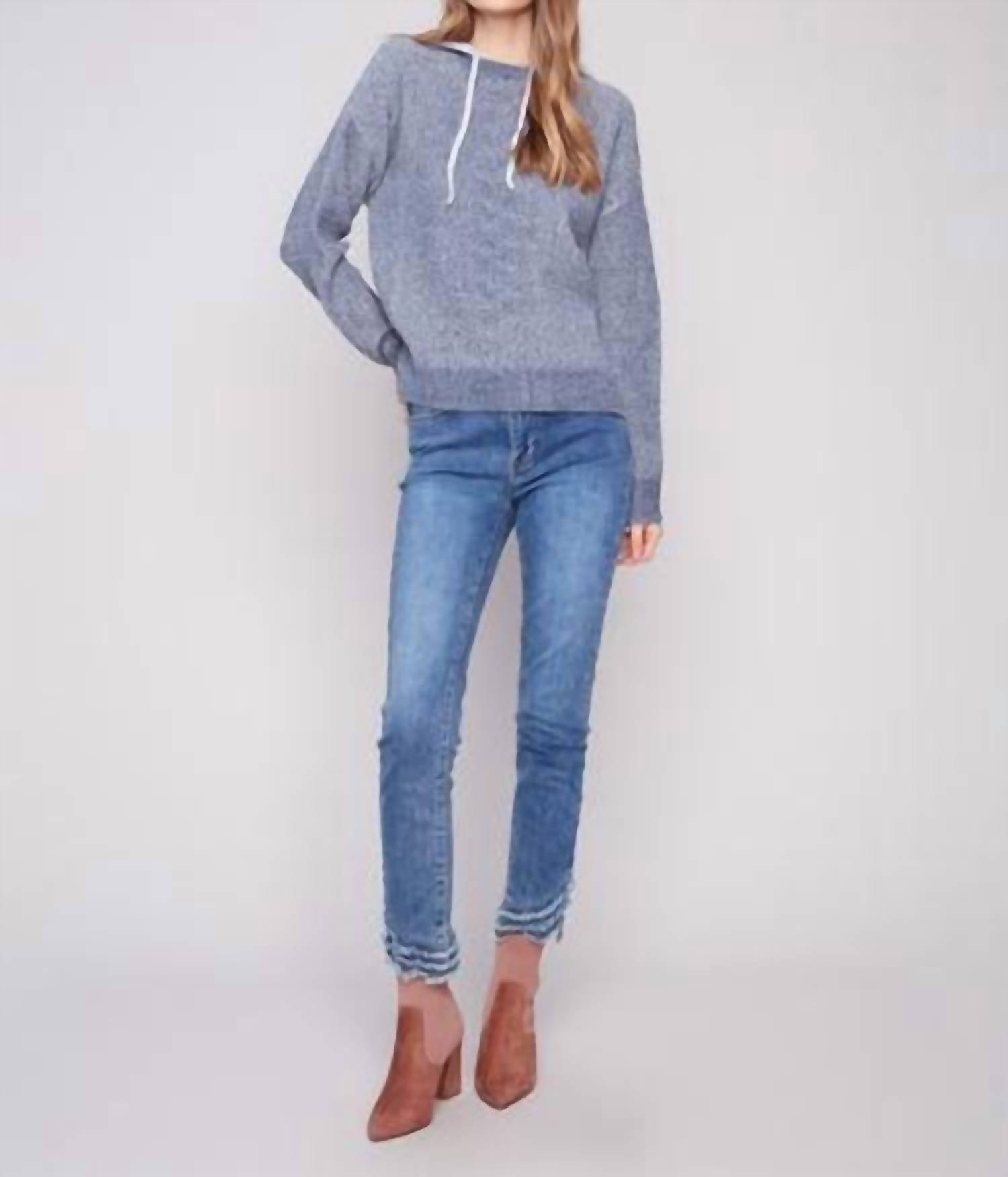 CHARLIE B Hoodie With Front Cable Detail Sweater in heather denim - women's top - view 5