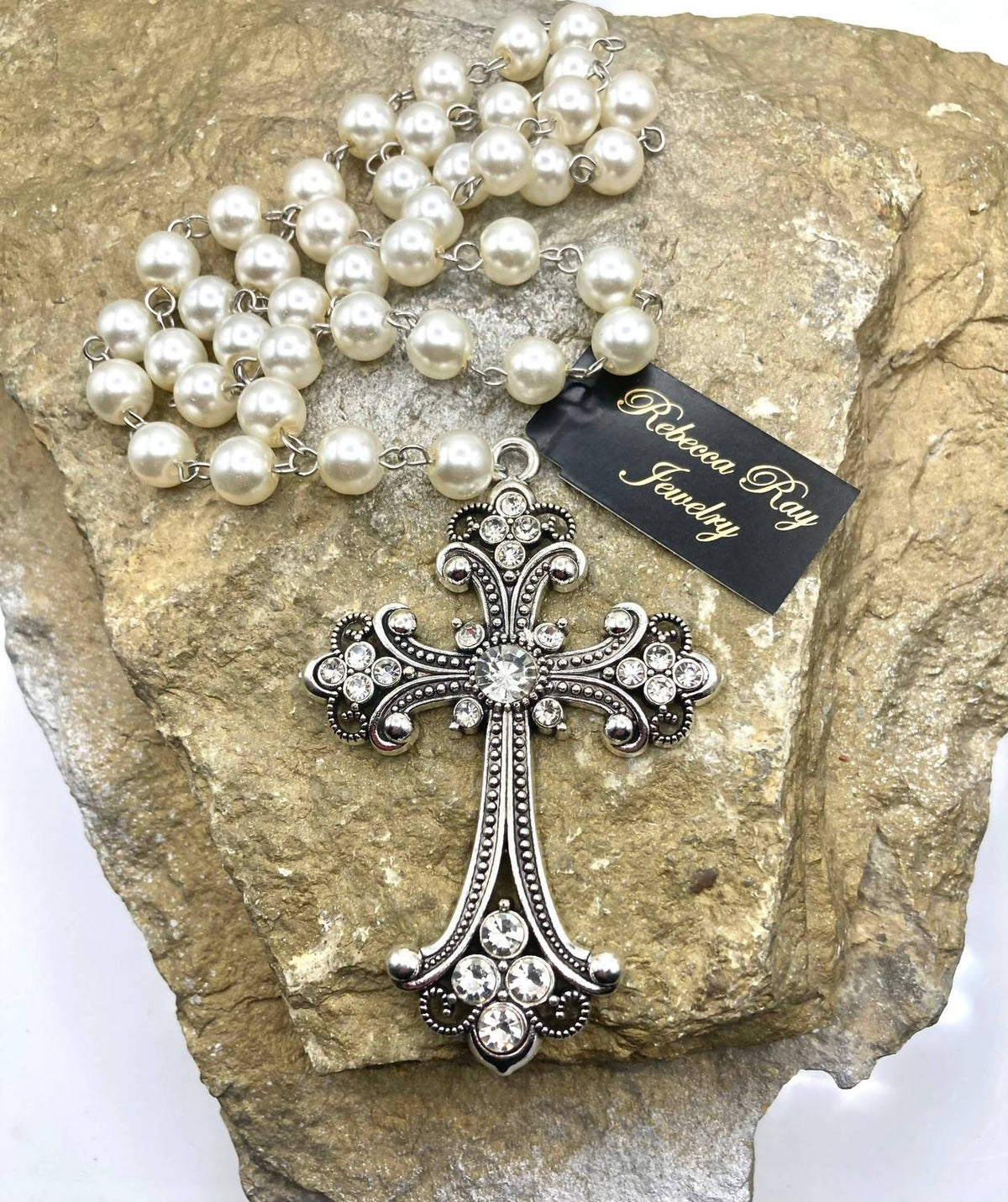 Rebecca Ray Jewelry - Women's Vintage Pearl Beaded Cross Necklace