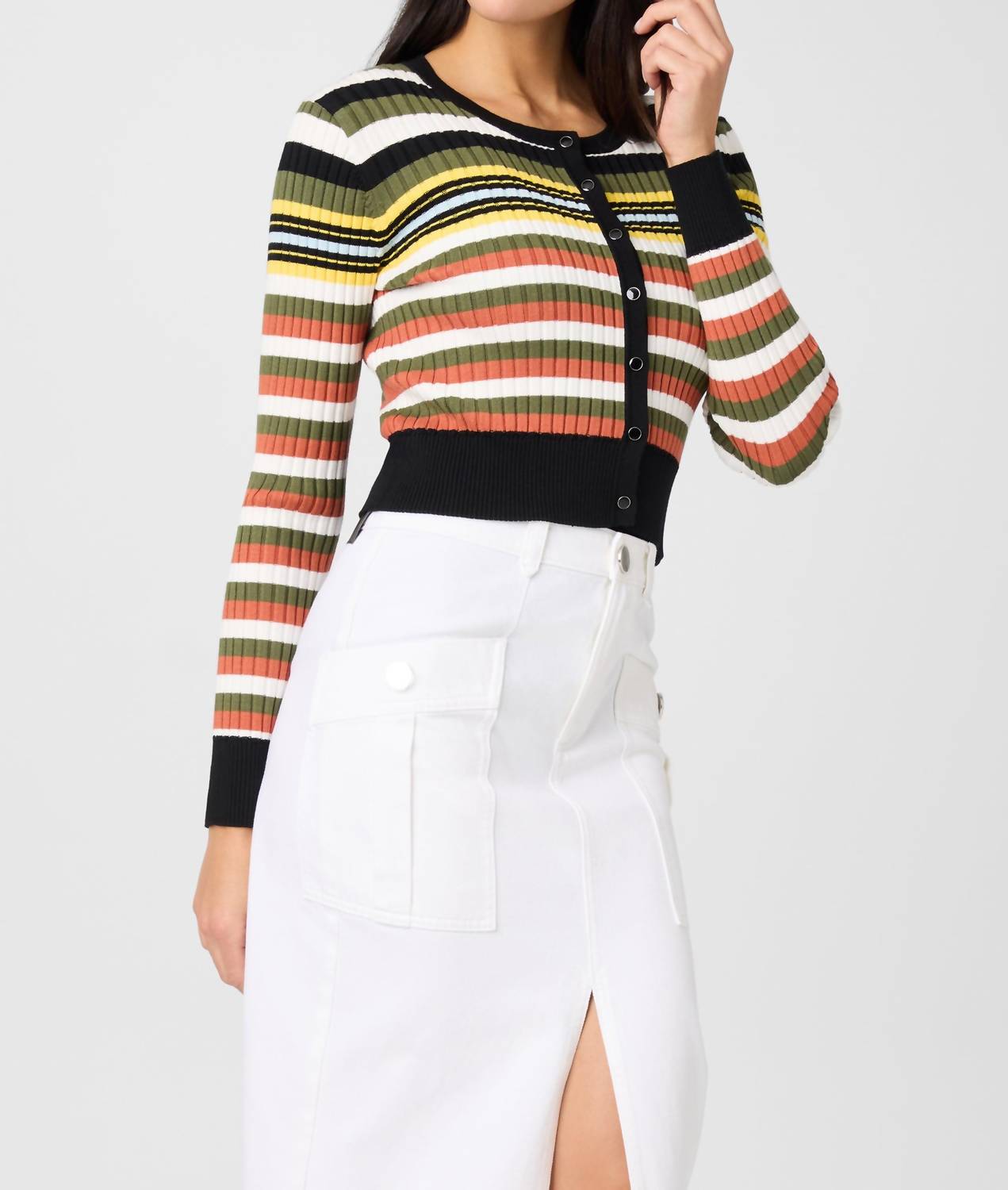 TOCCIN Joey Cropped Stripe Cardigan in multicolor - women's cardigan - detail view