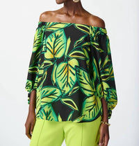 Joseph Ribkoff Lilibeth Leaf Printed Georgette Off The Shoulder Top in multi - women's blouse