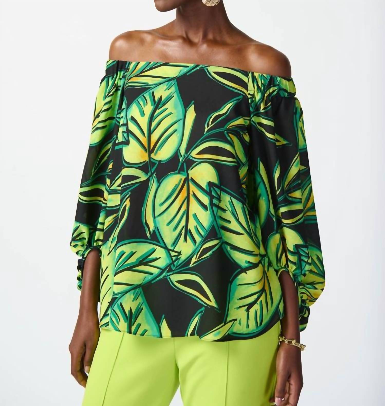 Joseph Ribkoff Lilibeth Leaf Printed Georgette Off The Shoulder Top in multi - women's blouse