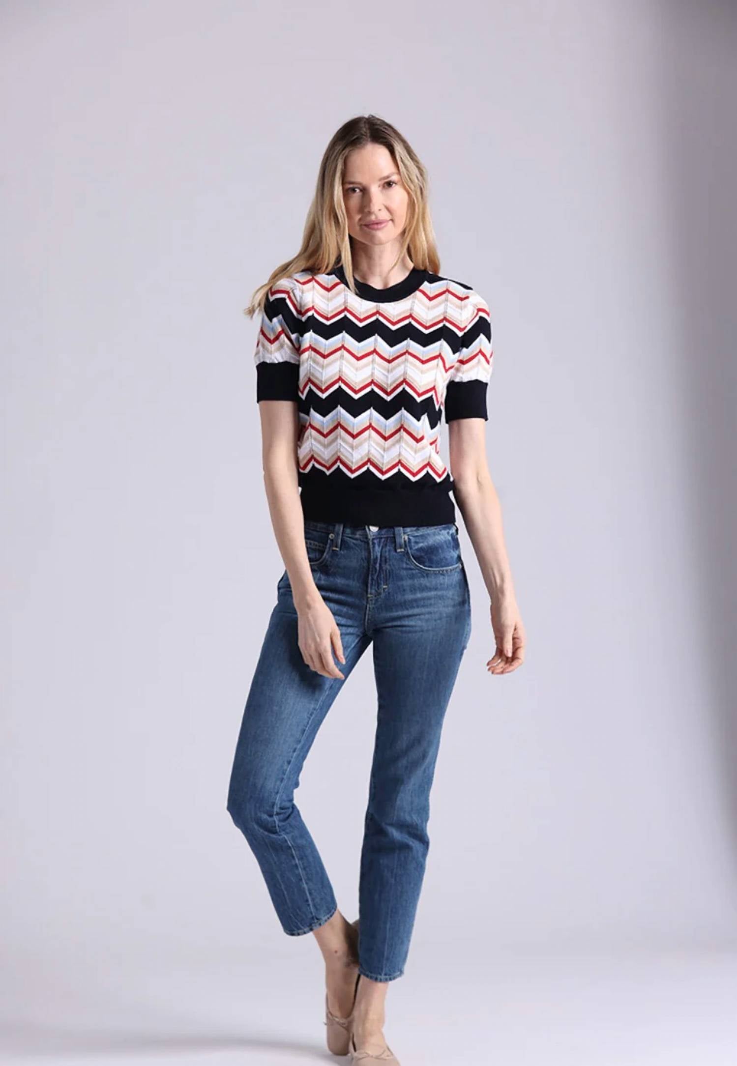 Minnie Rose - Cotton Cashmere Chevron Short Sleeve Crew Top