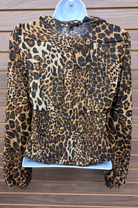 Papermoon - Women's Leopard Ruffle Elastic Mid Chiffon Button Blouse