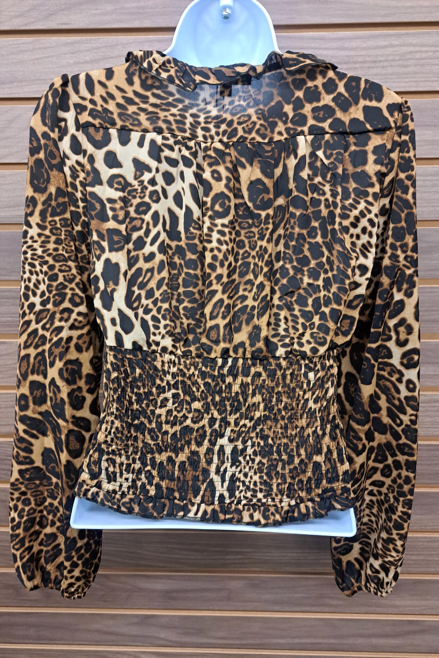 Papermoon - Women's Leopard Ruffle Elastic Mid Chiffon Button Blouse