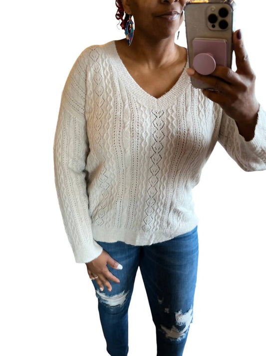 Easel - V Neck Cable Knit Drop Shoulder Sweater