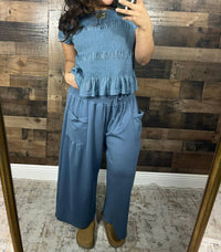 Davi & Dani - Ruched Ruffle Pant & Short Sleeve Top Set