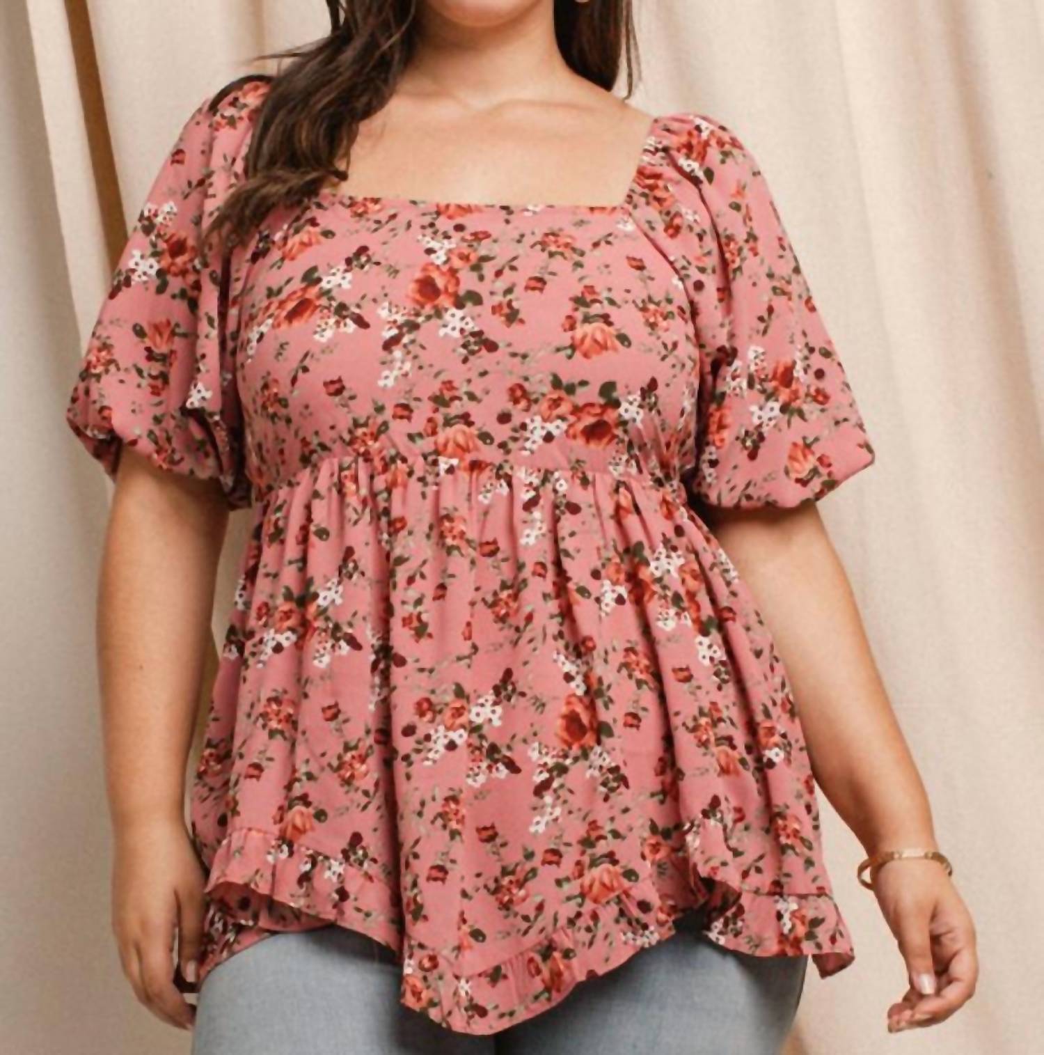 Oddi - Floral Printed Babydoll Square Neck Top - Plus