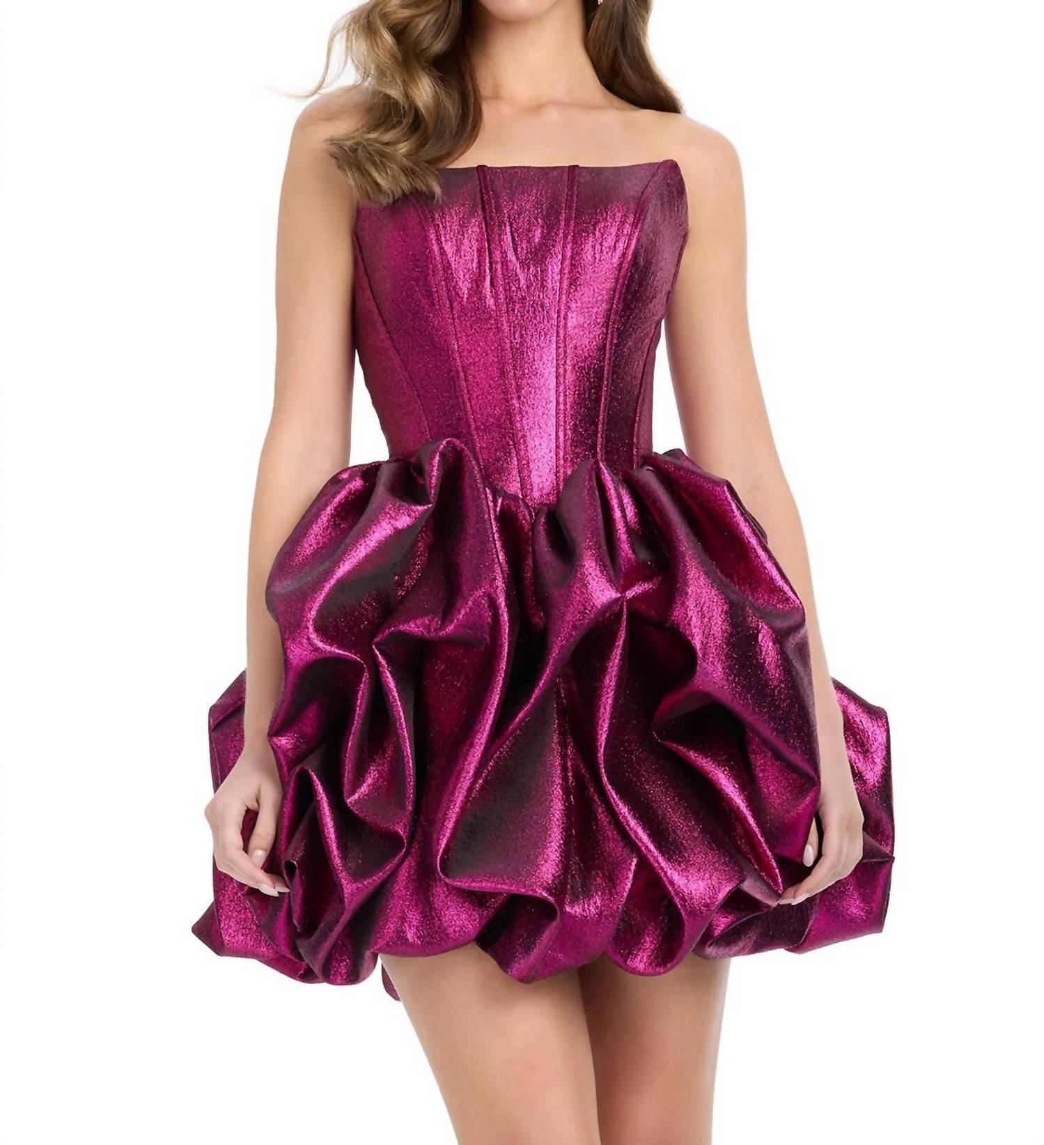 ASHLEYlauren Metallic Brocade Ruffle Skirt Dress in fuchsia - women's dress