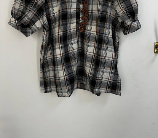 Entro - Women's Plaid Contrasted Puff Sleeve Top