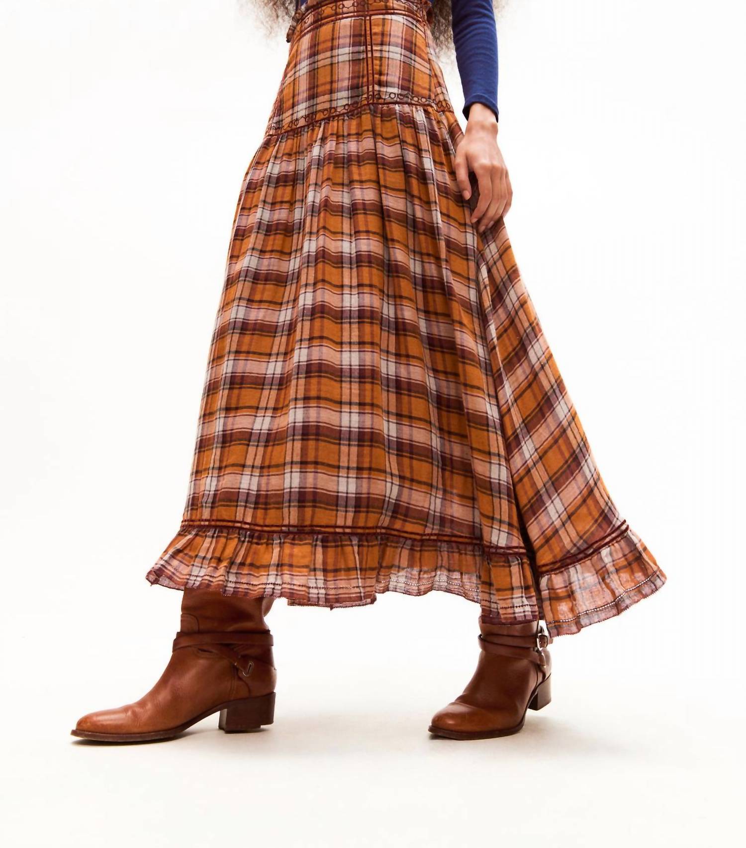 CAROLINA K Jinete Midi Skirt in brown plaid print - women's skirt - detail view