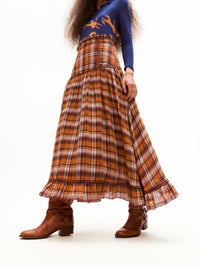 CAROLINA K Jinete Midi Skirt in brown plaid print - women's skirt - alternate view