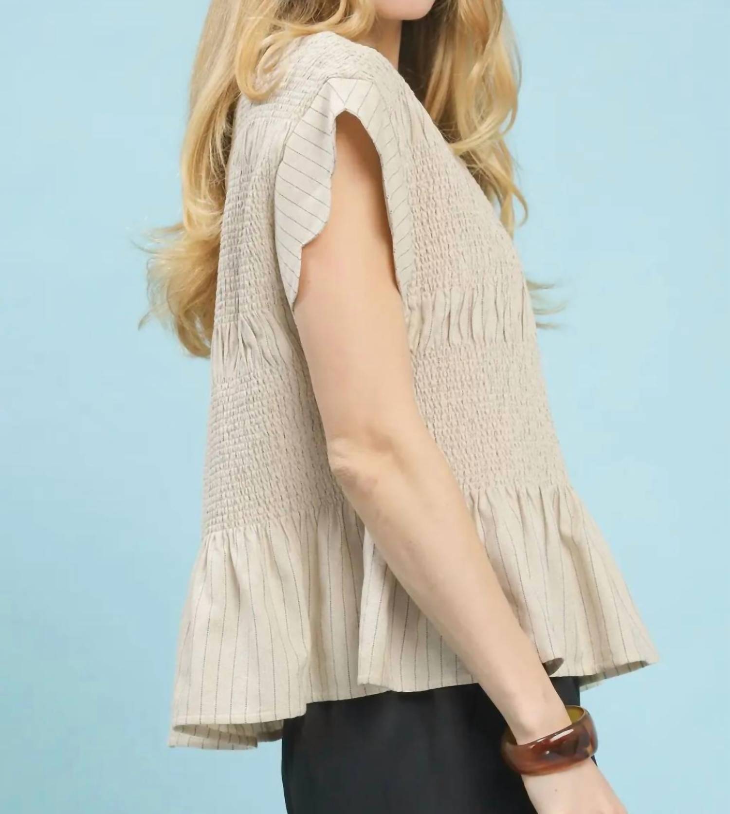 Umgee - Pinstripe Smocked Flutter Sleeve Top