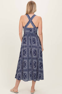 MABLE Bandana Print Crisscross Back Midi Dress in navy blue - women's dress - alternate view