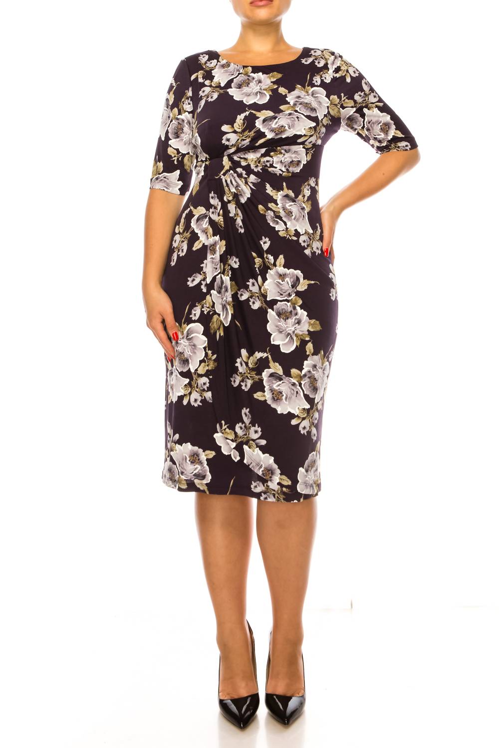 Connected Apparel - Side Pleated Floral Sheath Dress