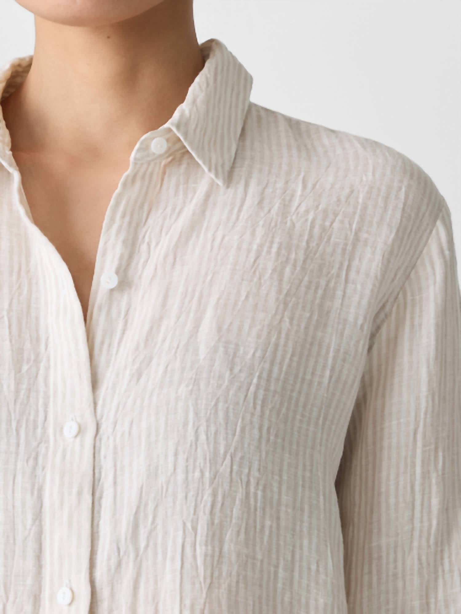 Eileen Fisher - Puckered Linen Stripe Classic Collar Shirt