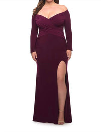 La Femme Off the Shoulder Jersey Ruched with Sleeve in berry - women's dress