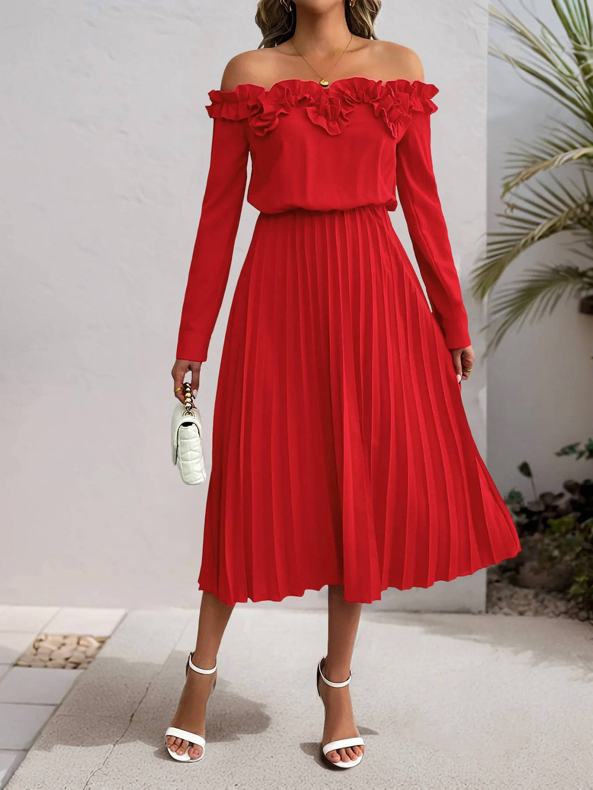 Ohsostyled - Off-shoulder Ruffle Pleated Midi Dress