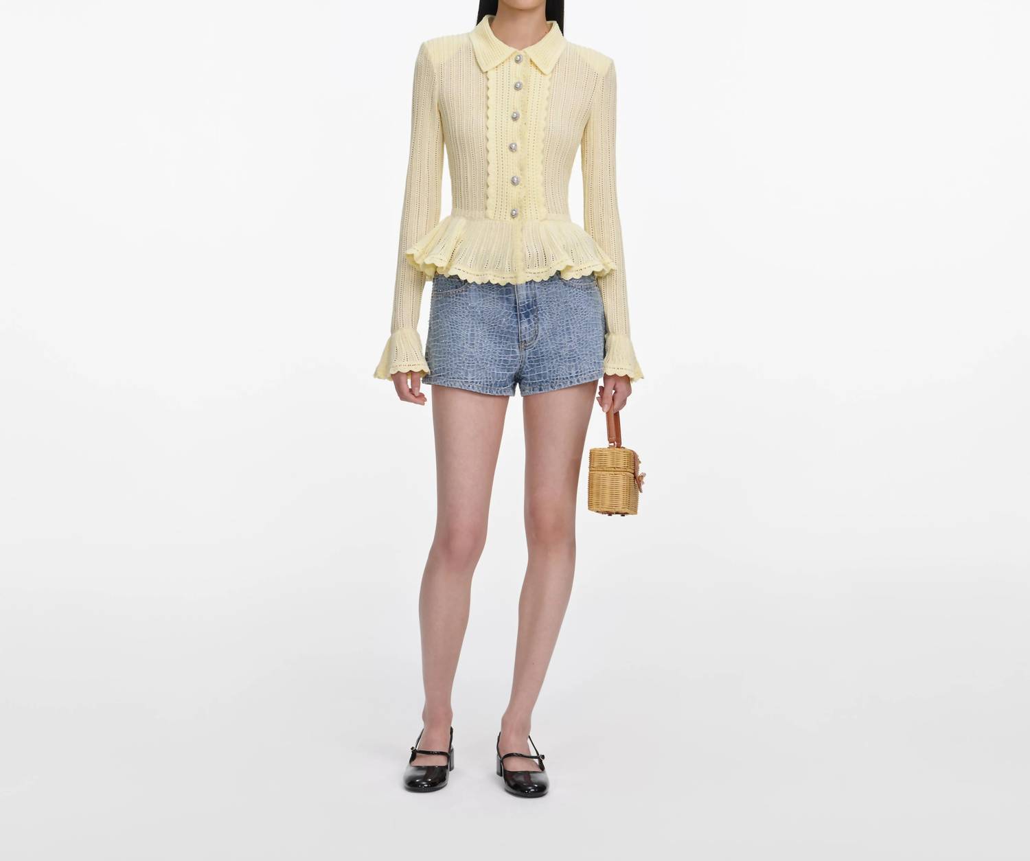 Self-Portrait - Rhinestone Croc Effect Denim Short