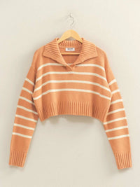 Hyfve - Women's Ribbed Collar Striped Crop Sweater