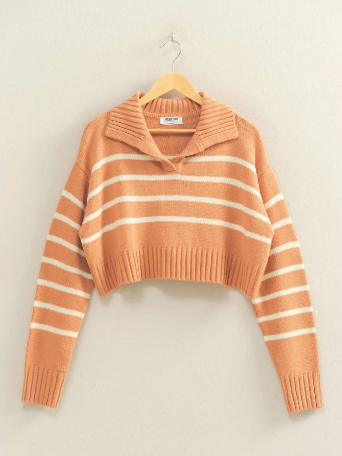 Hyfve - Women's Ribbed Collar Striped Crop Sweater