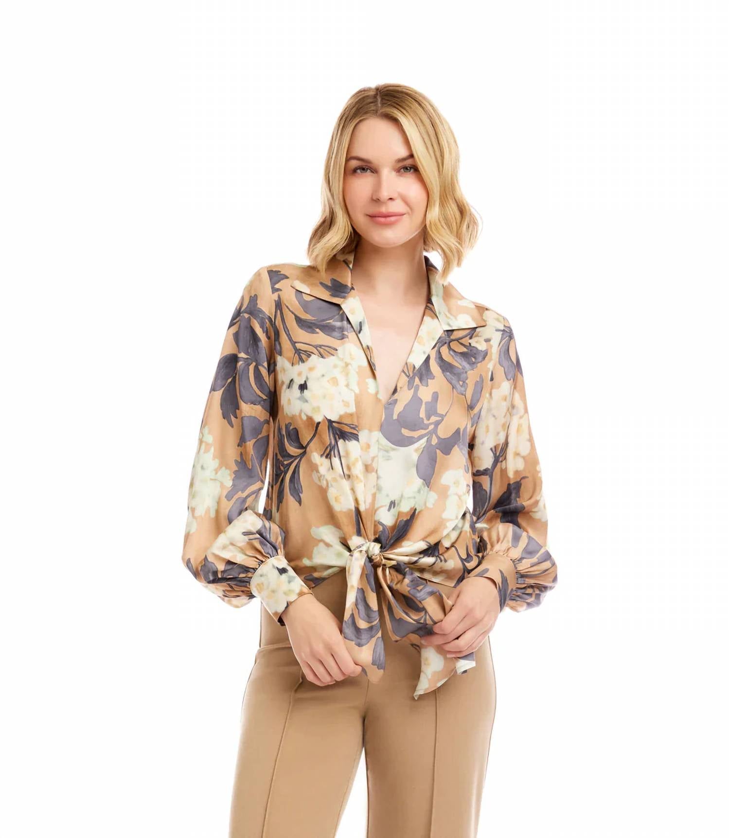 Karen Kane - Beverly Blouson Sleeve Satin Tie-front Top