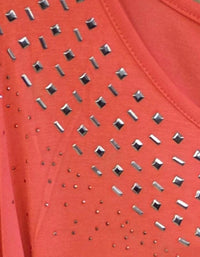 DESIGN HISTORY Women's Missy Studed Short Sleeve Top - Plus in coral - women's blouse - detail view