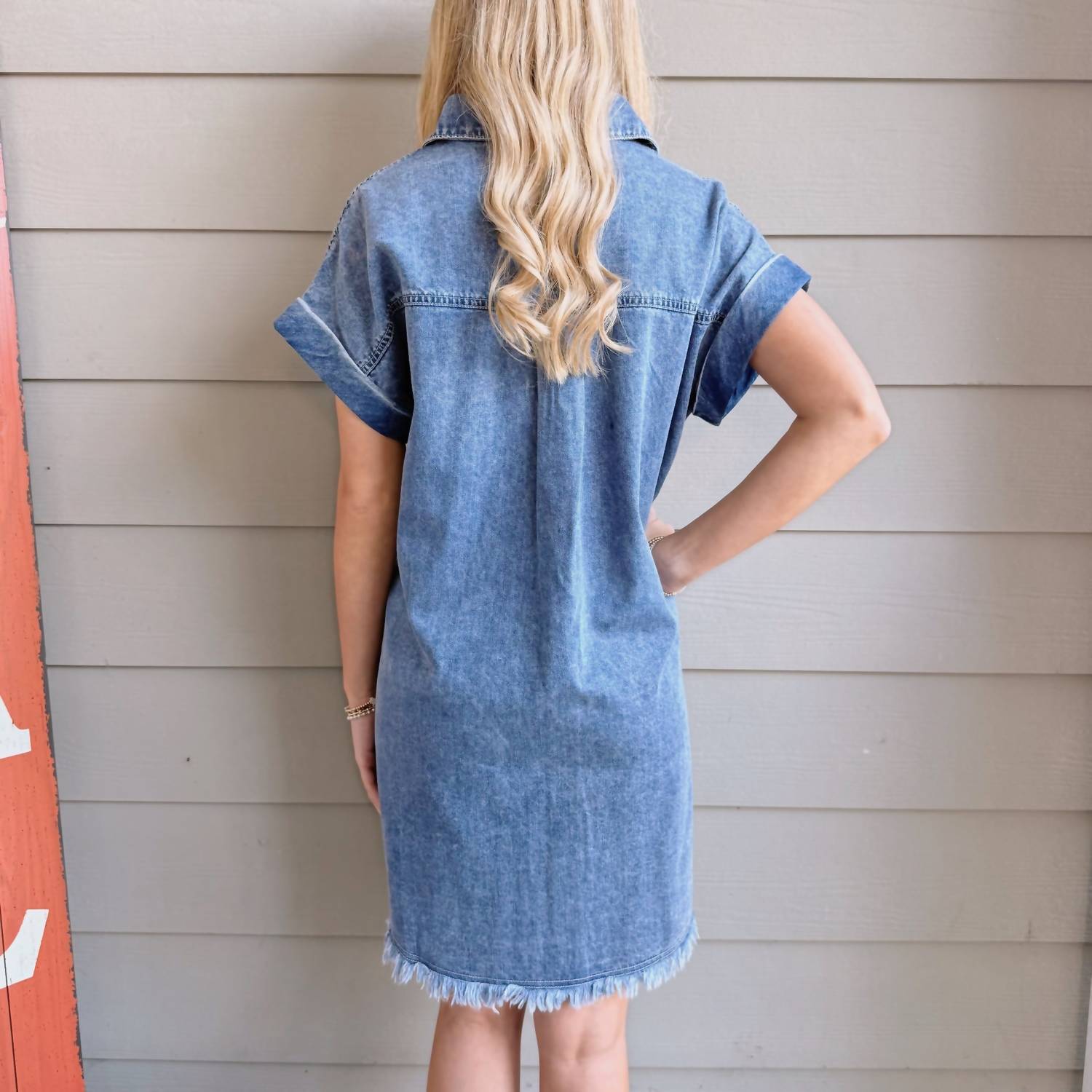 Bluivy - Frayed Hem Denim Shirt Dress
