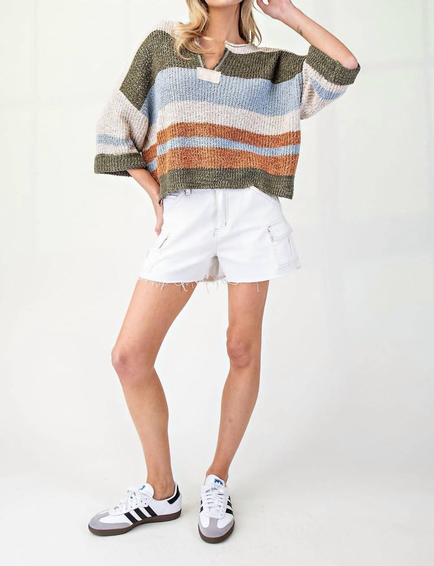 Ee:Some - Striped Notch Collar Top