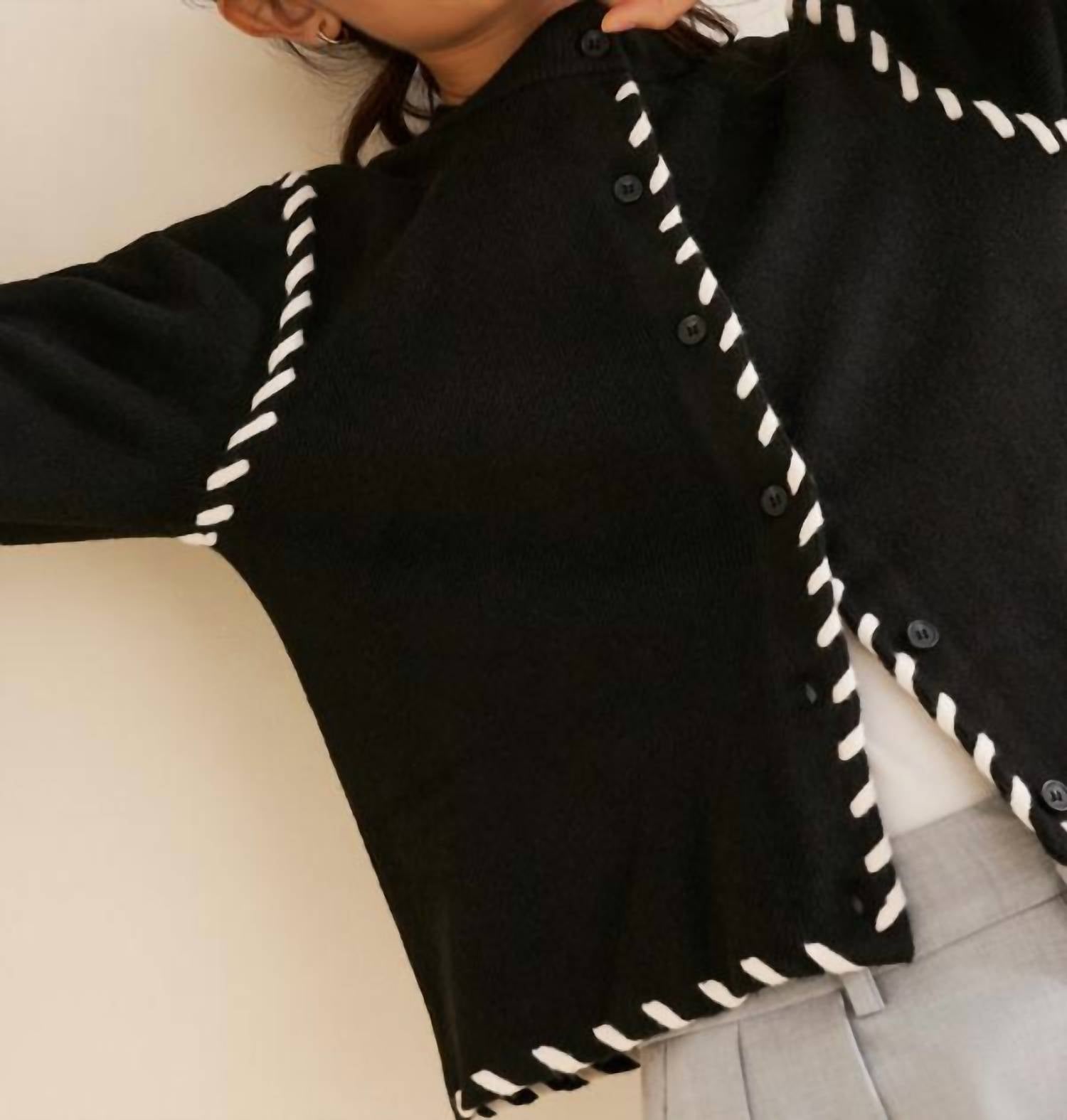 MON RENN Dahlia Cardigan in black cream - women's cardigan - alternate view