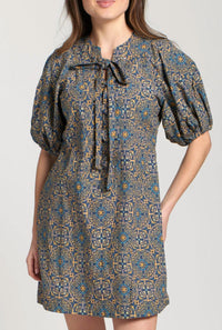 APNY Laced Up Puffed Sleeve Dress in indigo multi - women's dress