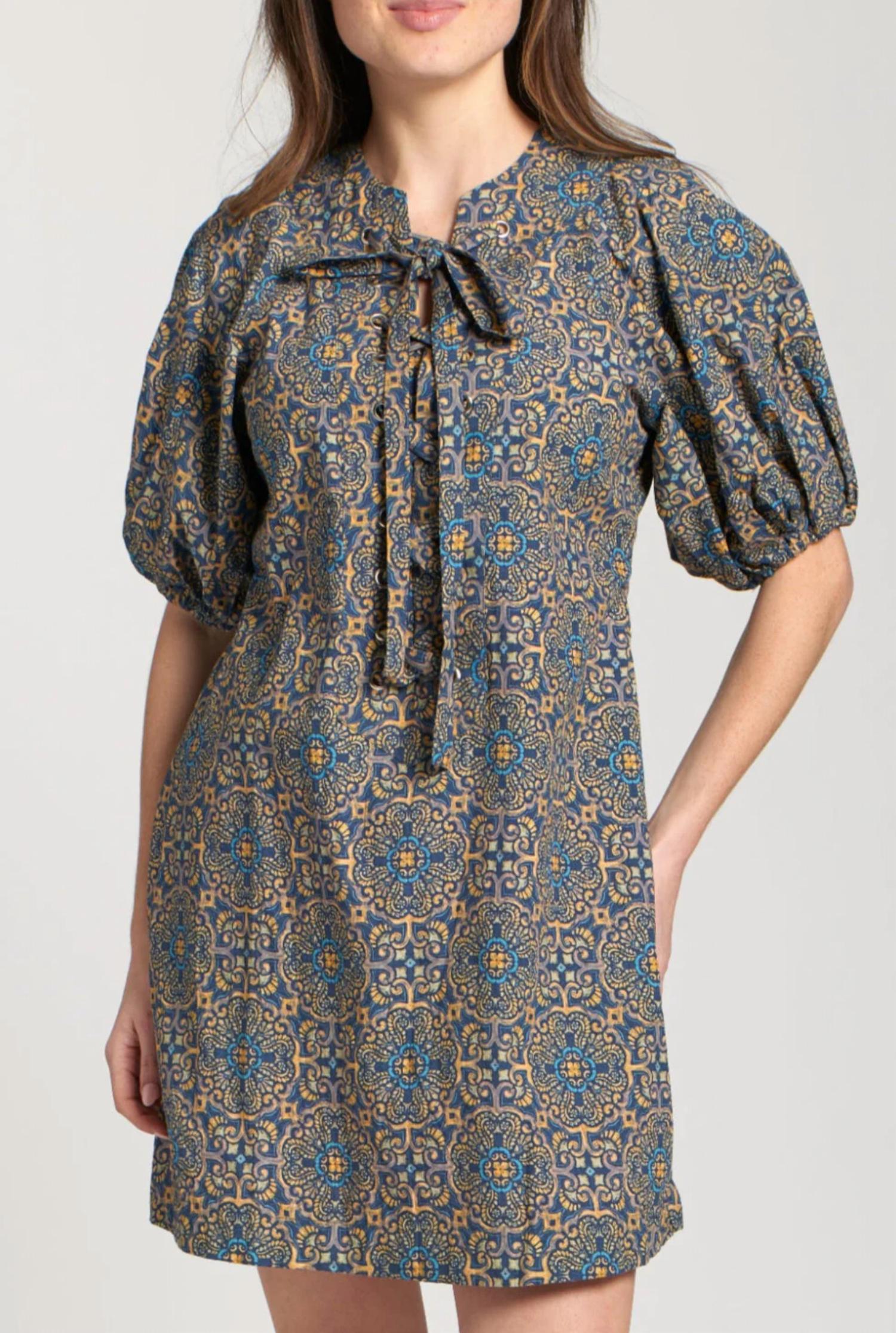 APNY Laced Up Puffed Sleeve Dress in indigo multi - women's dress