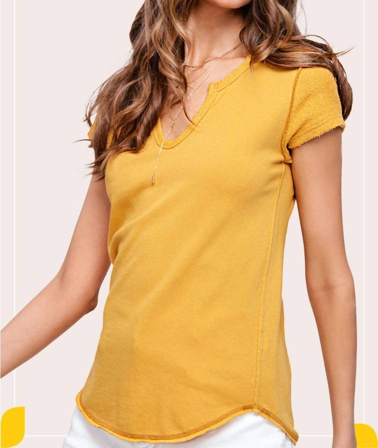 La Miel - Textured Soft Terry Fabric Raw Edge Short Sleeve Top