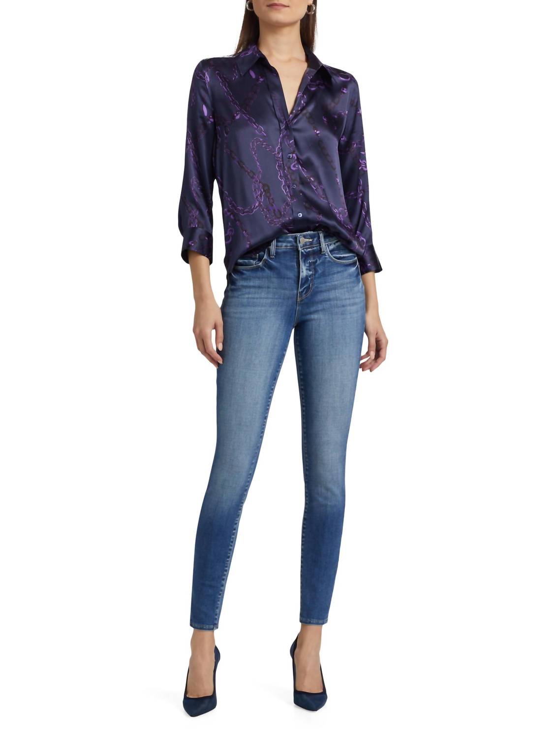 L'Agence - Dani 3/4 Sleeve Chain-print Silk Shirt