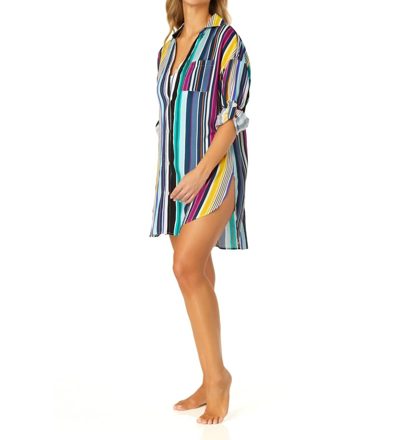 Anne Cole Women's Barcode Stripe Button Down Shirt Swimsuit Cover Up in multi - women's swimwear - view 4