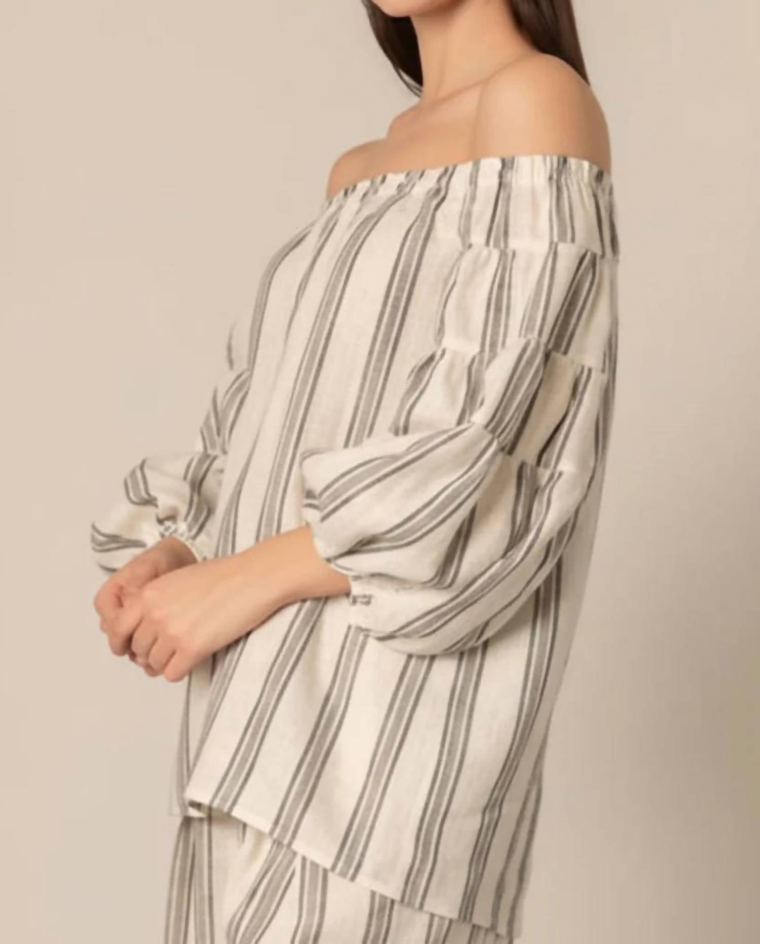 P.Cill - Striped Print Linen Off Shoulder Top