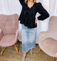 Anniewear - Deaunn Denim Tie Front Peplum Blouse