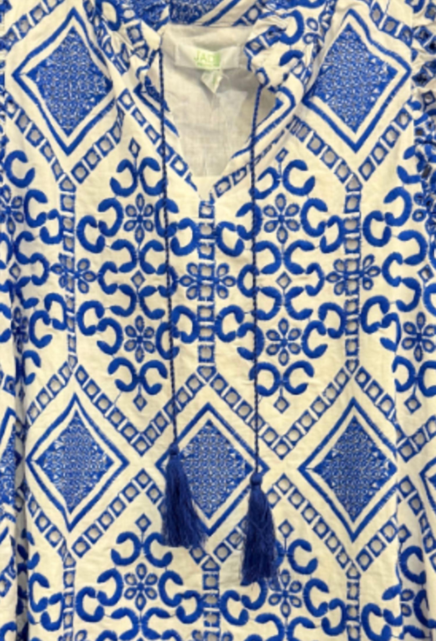 Jade Women's Ruffled Cap Sleeve Shell Blouse in blue white - women's blouse - detail view