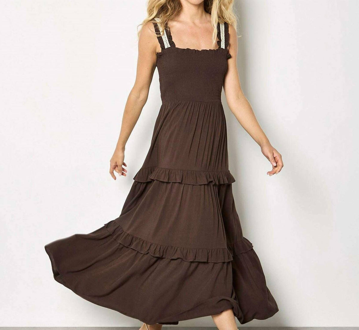 Apricot - Women's Smocked Tierred Crochet Dress