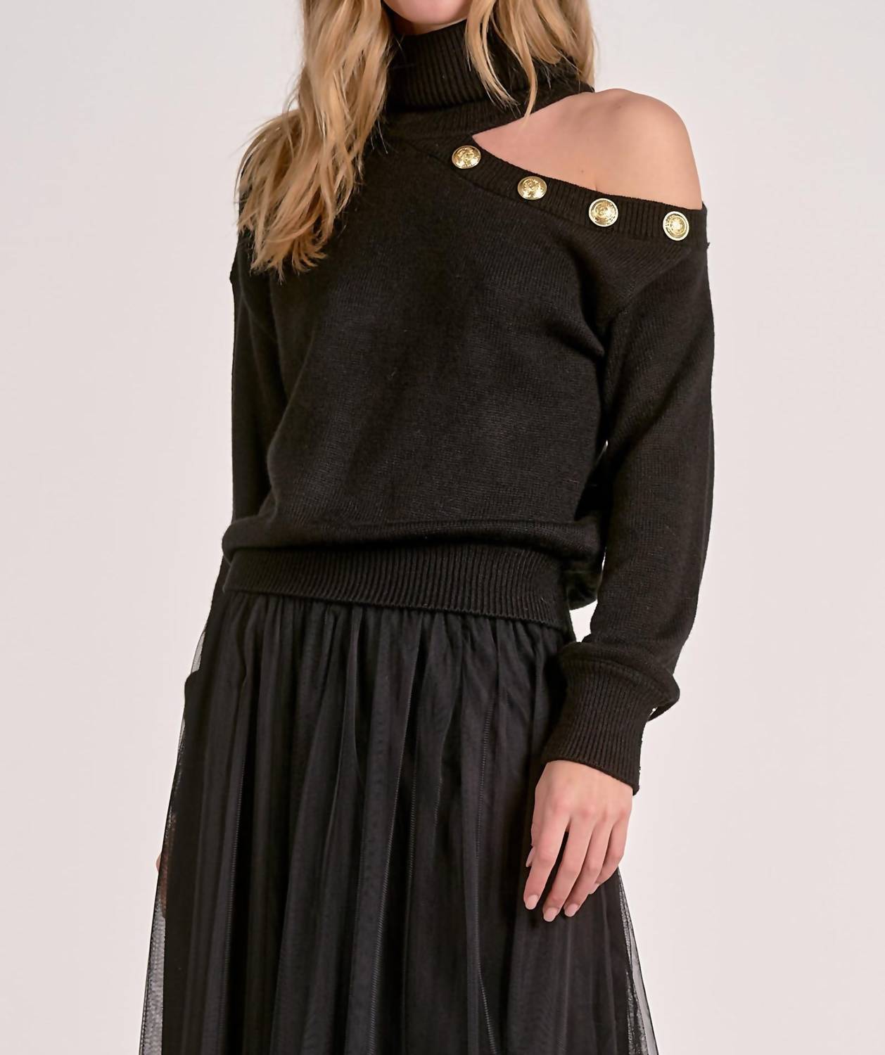 ELAN Open Shoulder Sweater in black - women's sweater - detail view