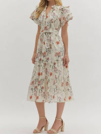 Entro - Floral Print Short Flutter Sleeve Midi Dress
