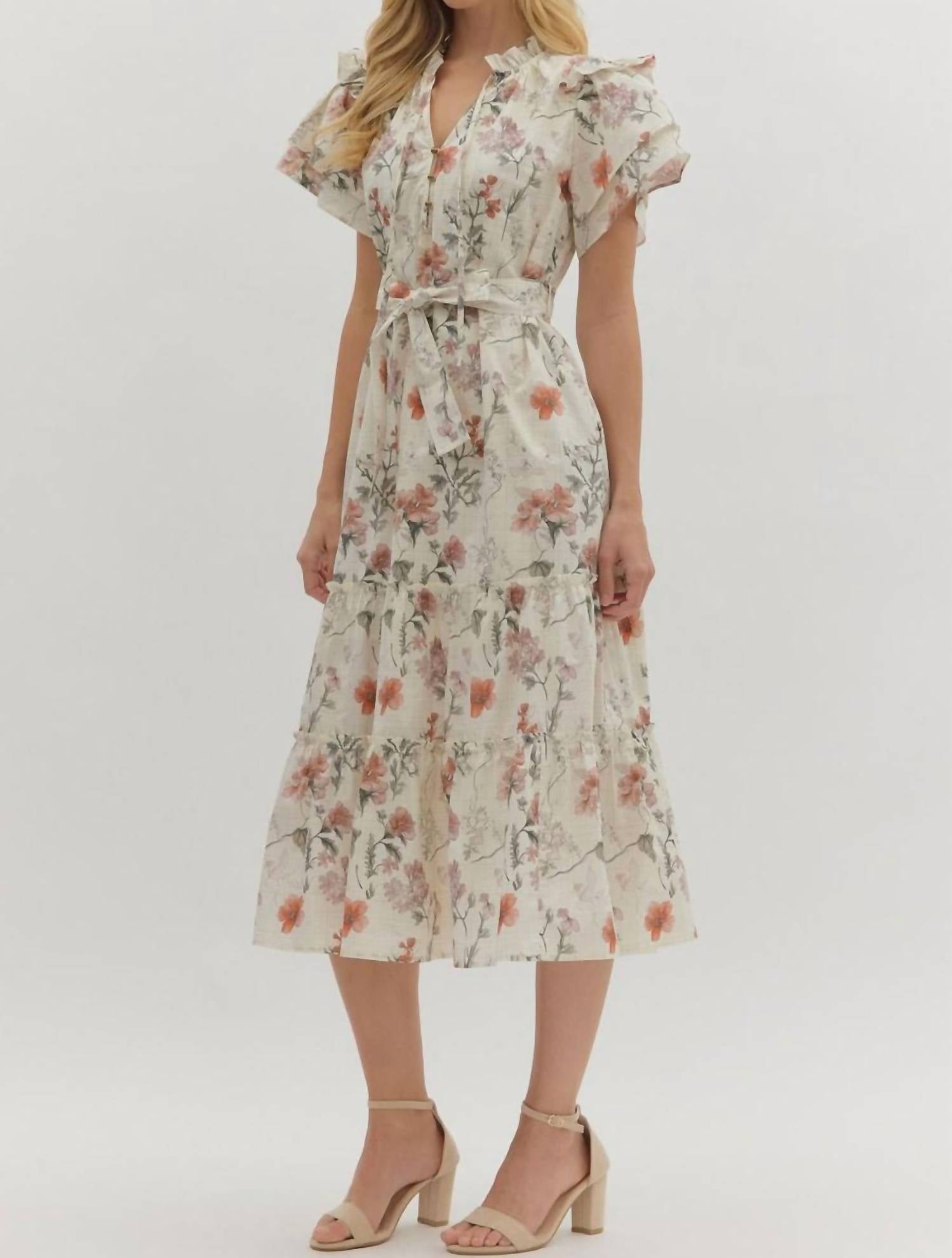 Entro - Floral Print Short Flutter Sleeve Midi Dress