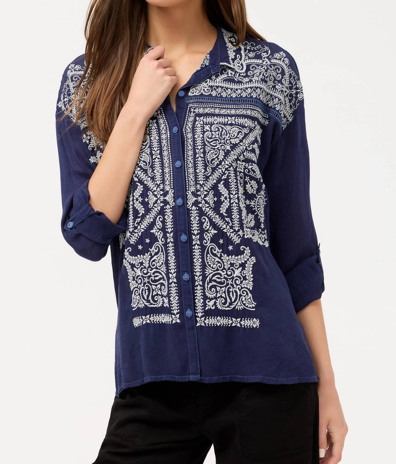 Johnny Was BANDANA SLIM AUDREY COLLARED SHIRT in blue night - women's blouse